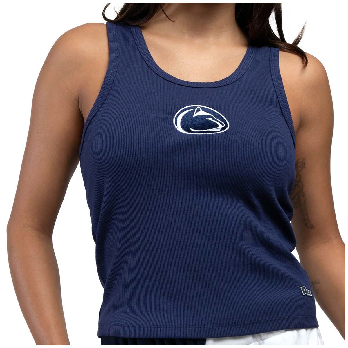 model wearing navy women's tank top with Penn State Athletic Logo